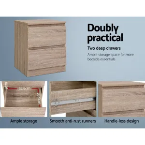 15mm Oak Bedside Table w/ 2 Deep Drawers - Artiss