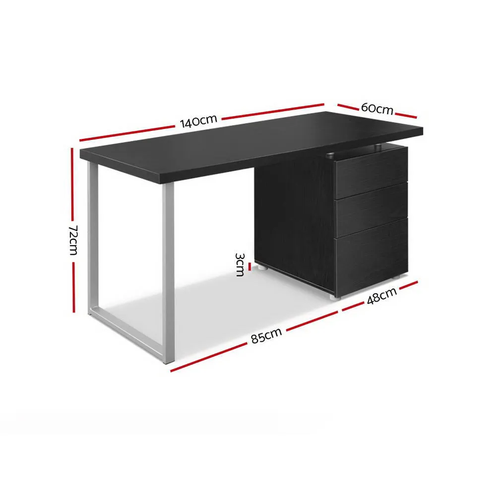 Black 140CM Computer Desk, 3 Drawers, Anti-Rust | Artiss
