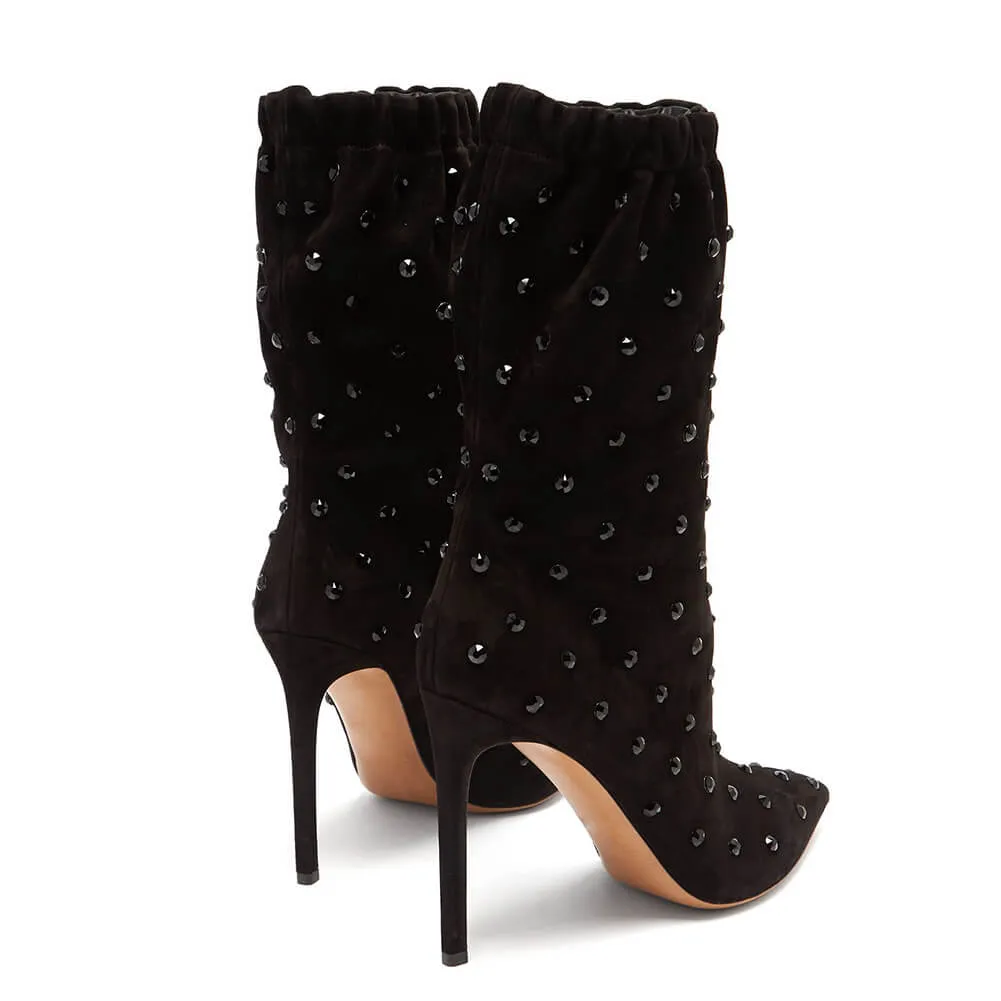 Black Suede Rhinestone Pointed Toe High Heel Calf Boots