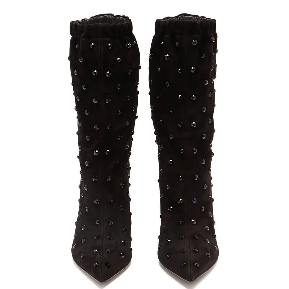 Black Suede Rhinestone Pointed Toe High Heel Calf Boots