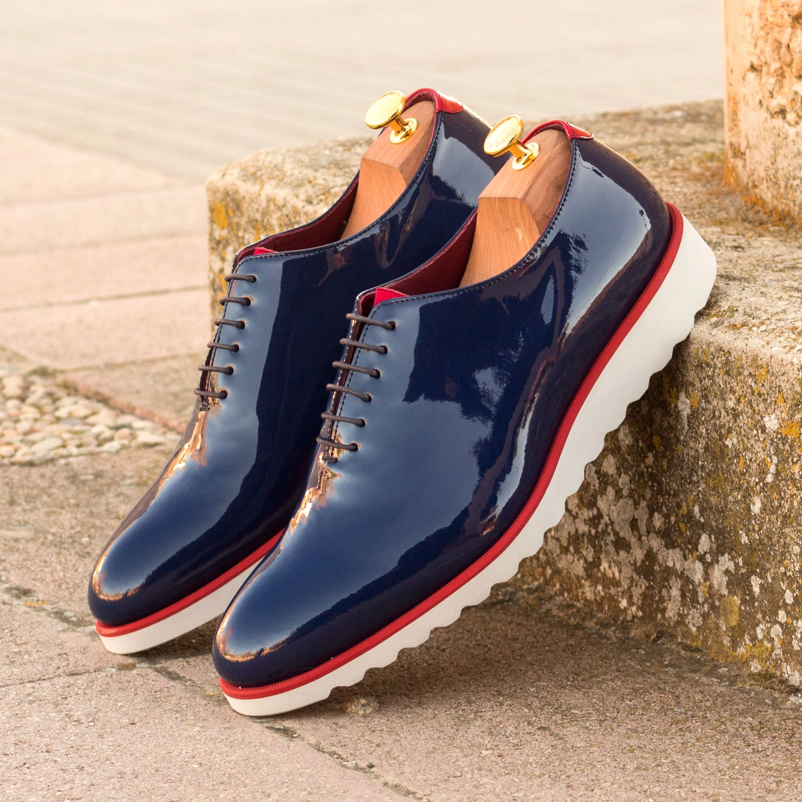 DapperFam Giuliano in Cobalt Blue / Red Men's Italian Suede & Italian Patent Leather Whole Cut