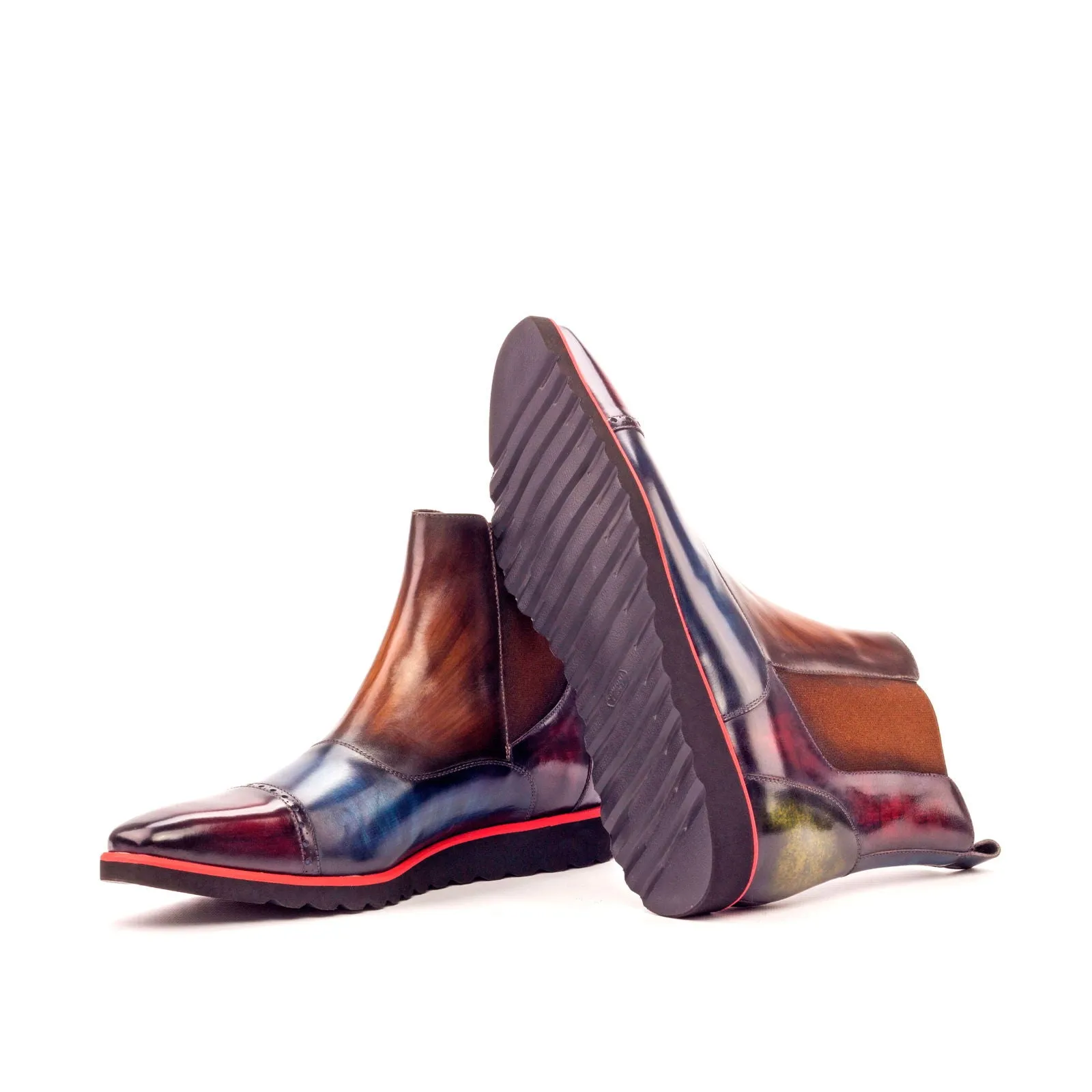 DapperFam Vesuvio in Denim / Burgundy / Khaki / Brown Men's Hand-Painted Patina Chelsea Multi Boot
