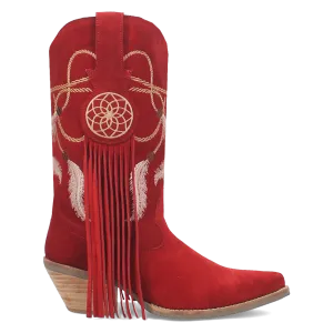 Day Dream Red Suede Embroidered Dreamcatcher Fringe Booties (DS)