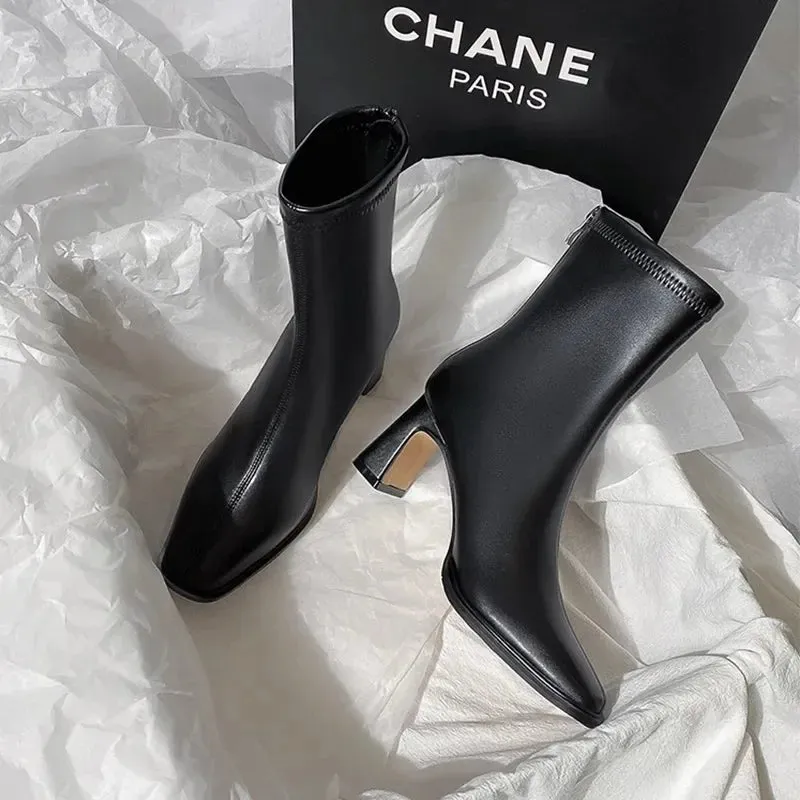 Hnzxzm Vintage Warm Cotton Women Ankle Boots Fashion Elegant Square Toe Shoes Autumn Winter Thick Heel Women's Short Booties