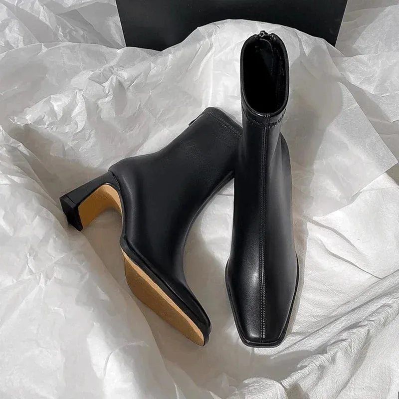 Hnzxzm Vintage Warm Cotton Women Ankle Boots Fashion Elegant Square Toe Shoes Autumn Winter Thick Heel Women's Short Booties