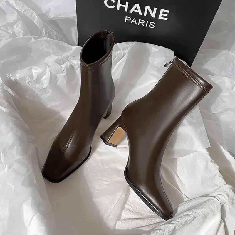 Hnzxzm Vintage Warm Cotton Women Ankle Boots Fashion Elegant Square Toe Shoes Autumn Winter Thick Heel Women's Short Booties