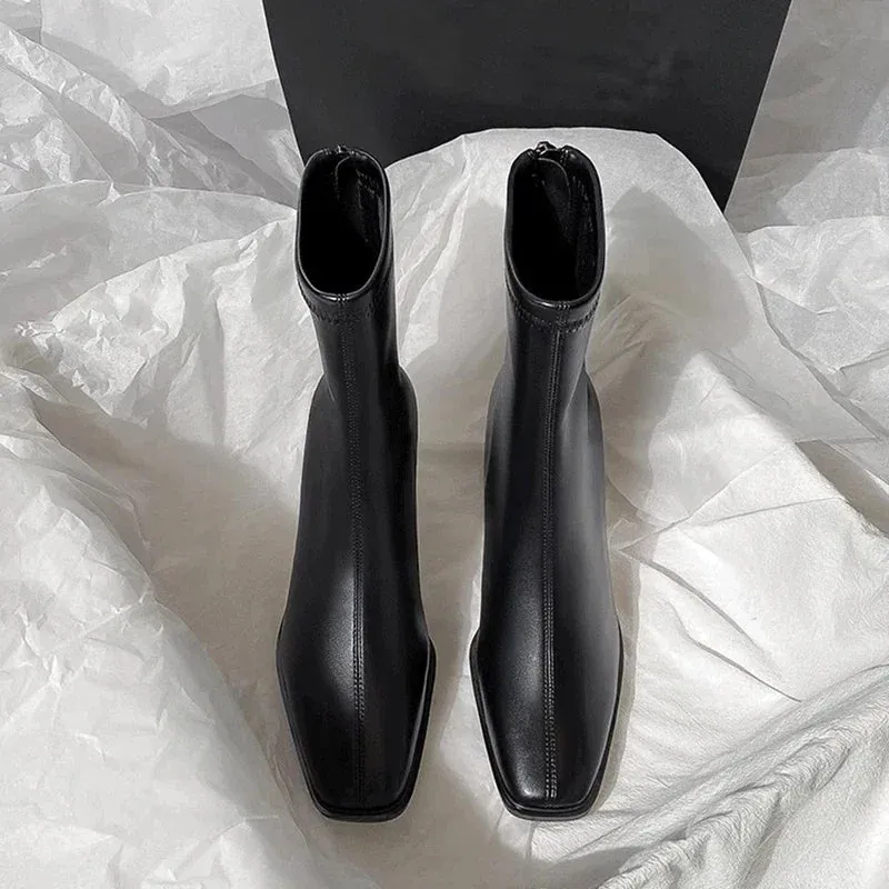 Hnzxzm Vintage Warm Cotton Women Ankle Boots Fashion Elegant Square Toe Shoes Autumn Winter Thick Heel Women's Short Booties
