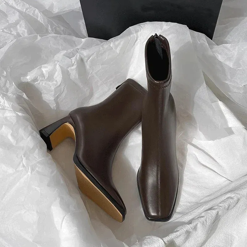 Hnzxzm Vintage Warm Cotton Women Ankle Boots Fashion Elegant Square Toe Shoes Autumn Winter Thick Heel Women's Short Booties