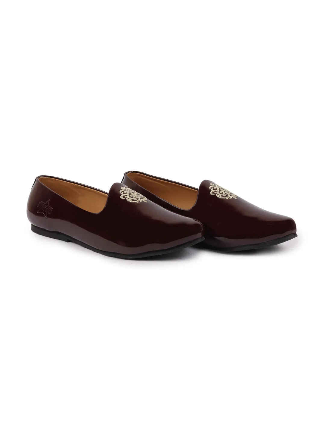 Men Cherry Patent Glossy Ethnic Embroidered Design Slip On Shiny Juttis & Mojaris For Party|Wedding|Festival