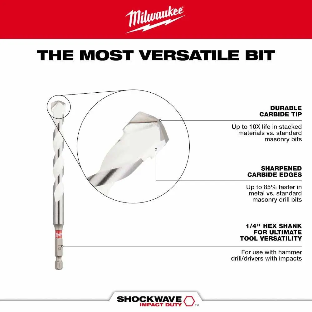 Milwaukee 48-20-8880 1/8" x 2" x 3-1/2" SHOCKWAVE Impact Duty Carbide Multi-Material Drill Bit