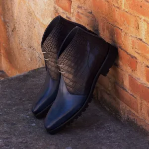 Navy Blue Crocodile Print Leather Dobrich Chukka Chunky Boots with Track Sole - Hiking and Trekking Boots