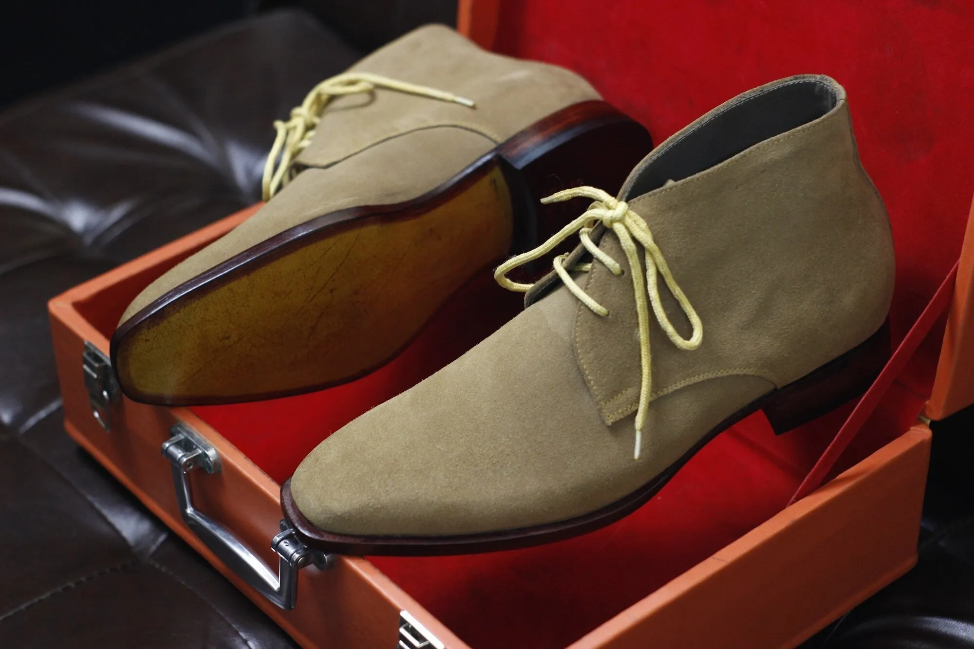 New Men's Handmade Formal Shoes Beige Suede Leather Ankle High Lace Up Chukka Style Boots