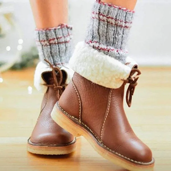 Purpdrank - Women Winter Vintage Boots Warm Unisex Lace-up Shoes