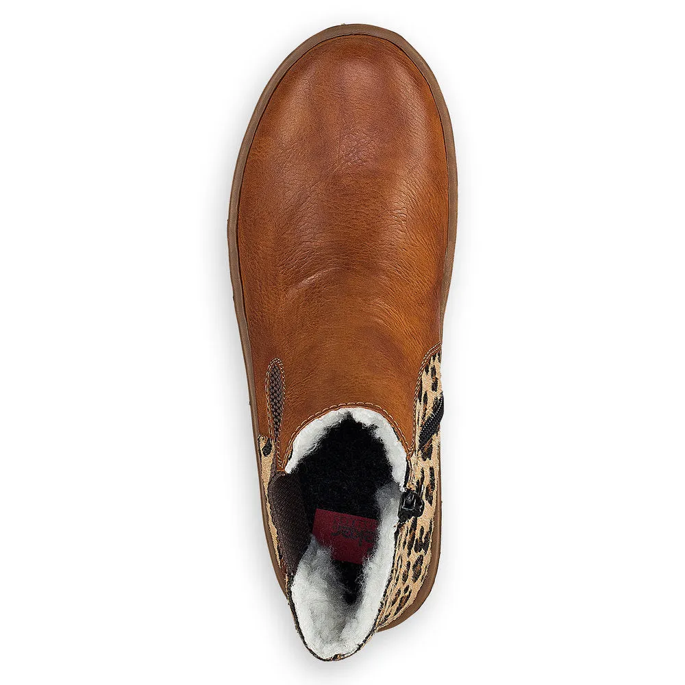 Rieker Z8689-24 Ladies Tan and Leopard Print Synthetic Side Zip Ankle Boots