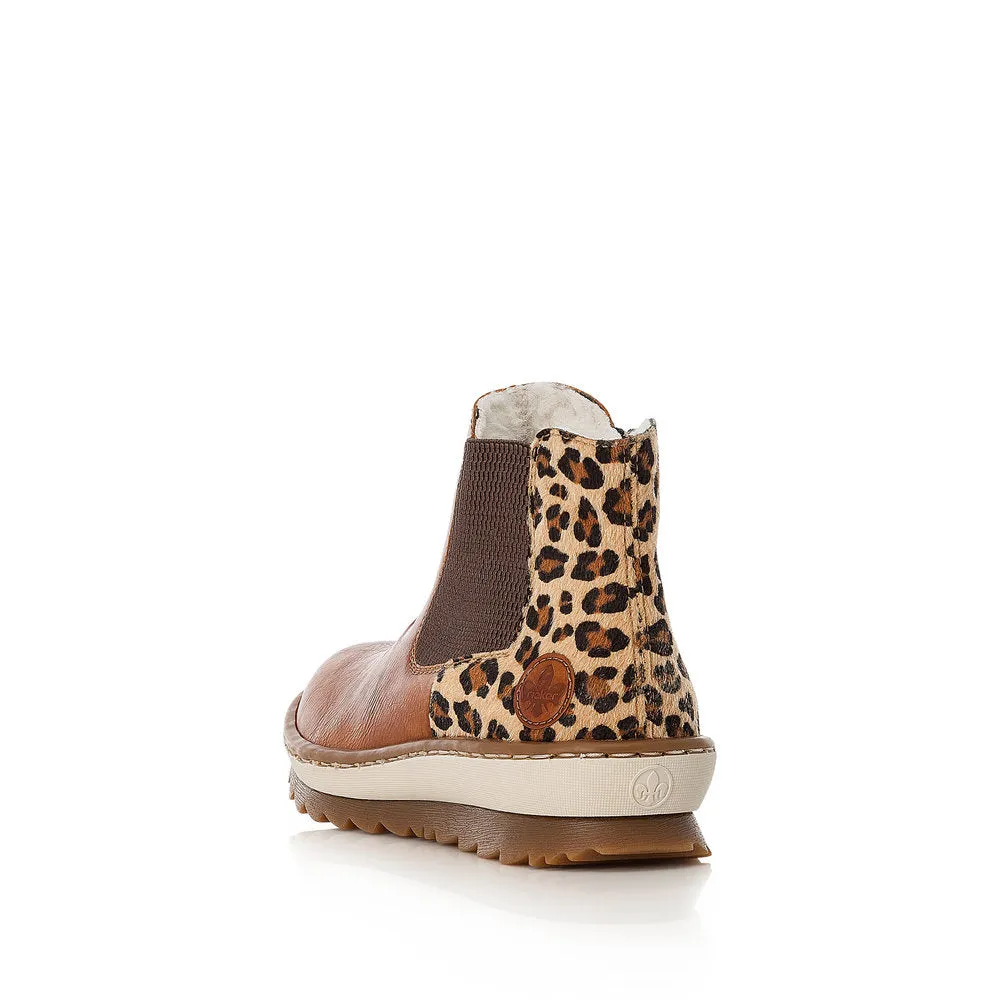 Rieker Z8689-24 Ladies Tan and Leopard Print Synthetic Side Zip Ankle Boots