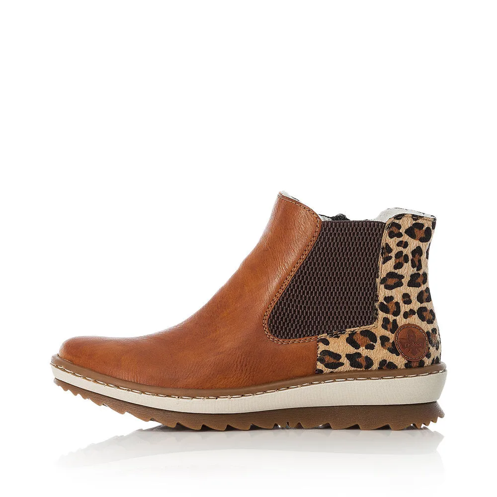 Rieker Z8689-24 Ladies Tan and Leopard Print Synthetic Side Zip Ankle Boots