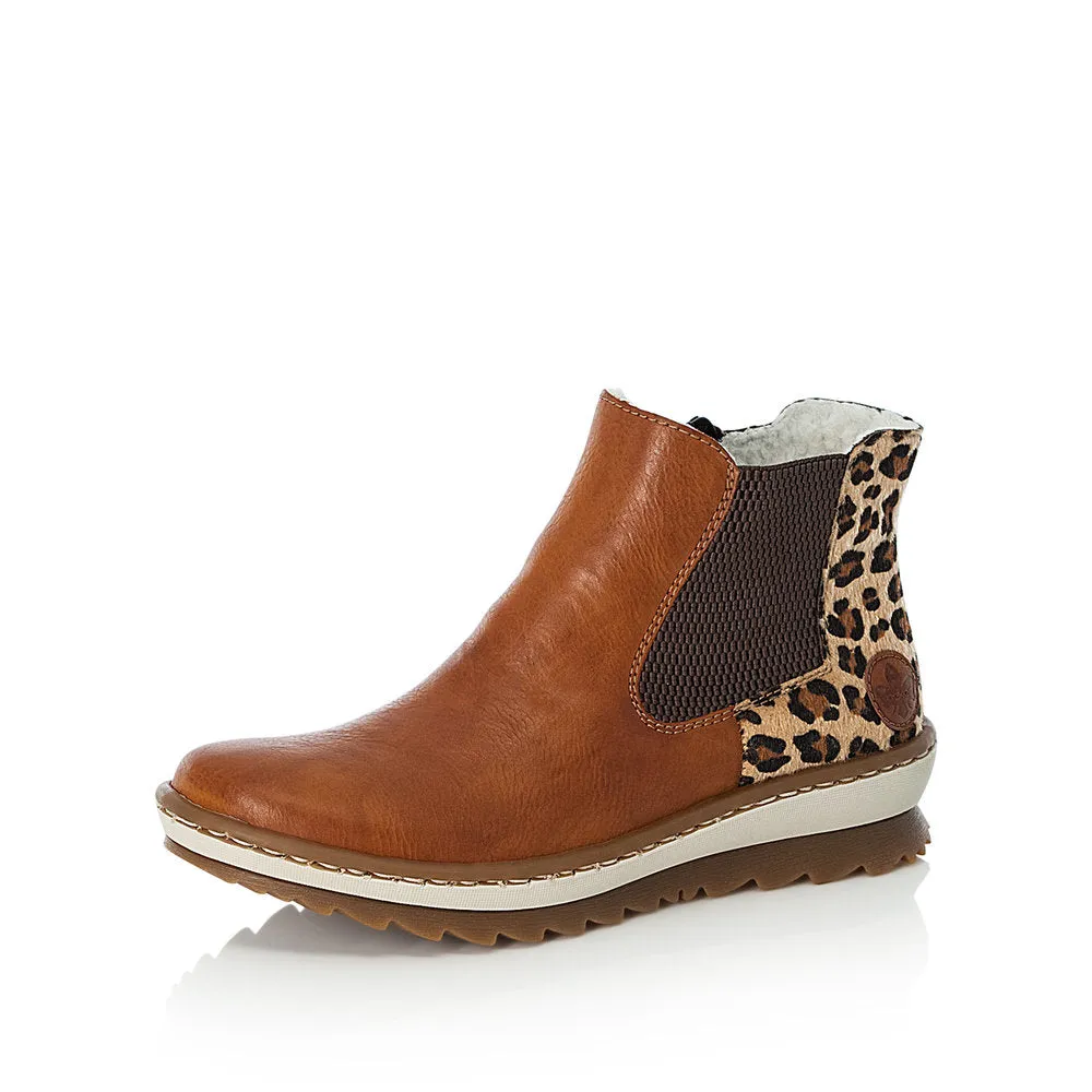 Rieker Z8689-24 Ladies Tan and Leopard Print Synthetic Side Zip Ankle Boots