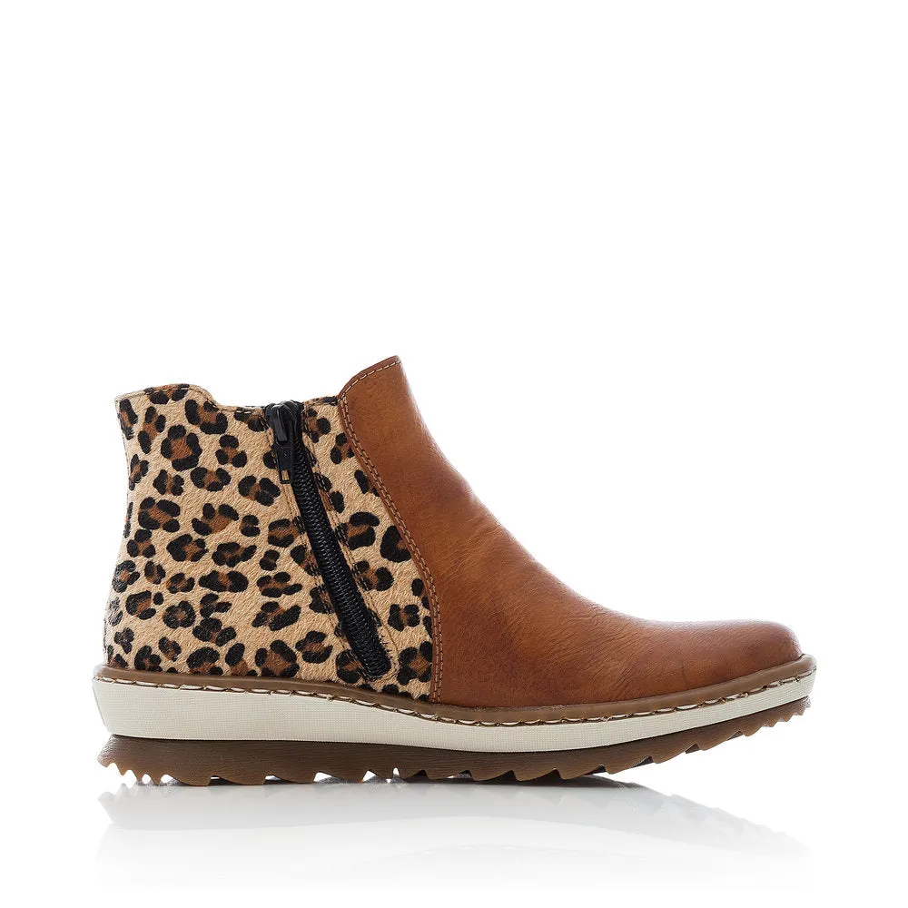 Rieker Z8689-24 Ladies Tan and Leopard Print Synthetic Side Zip Ankle Boots