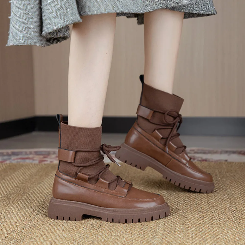 ROUND TOE CHUNKY FLAT ANKLE BOOTS with TIE