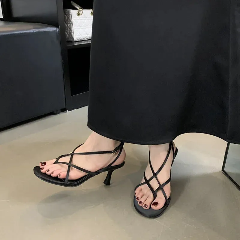 Sohiwoo Summer New Design Sexy High Heels Female Fine Heel Sexy Square Head Open Toe Retro Roman Sandal Drags Ladies Shoes
