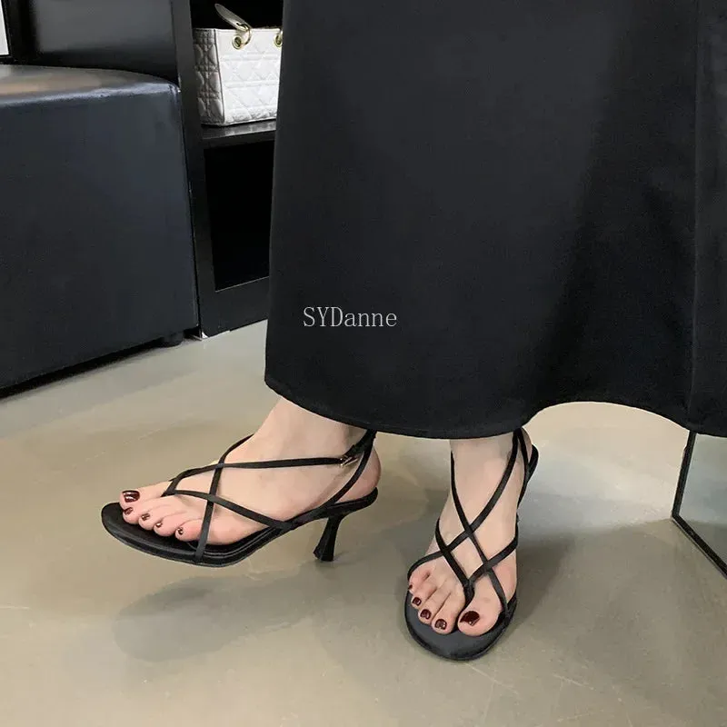 Sohiwoo Summer New Design Sexy High Heels Female Fine Heel Sexy Square Head Open Toe Retro Roman Sandal Drags Ladies Shoes