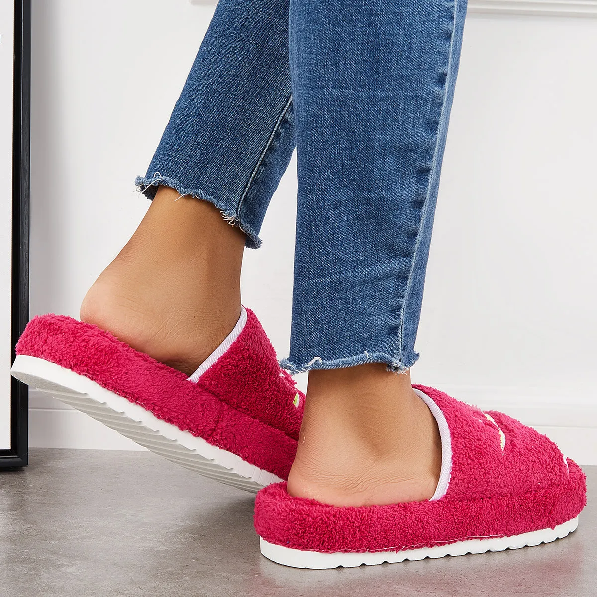 Sohiwoo Women Warm Open Toe Flat Furry Slippers Cozy Slide Shoes