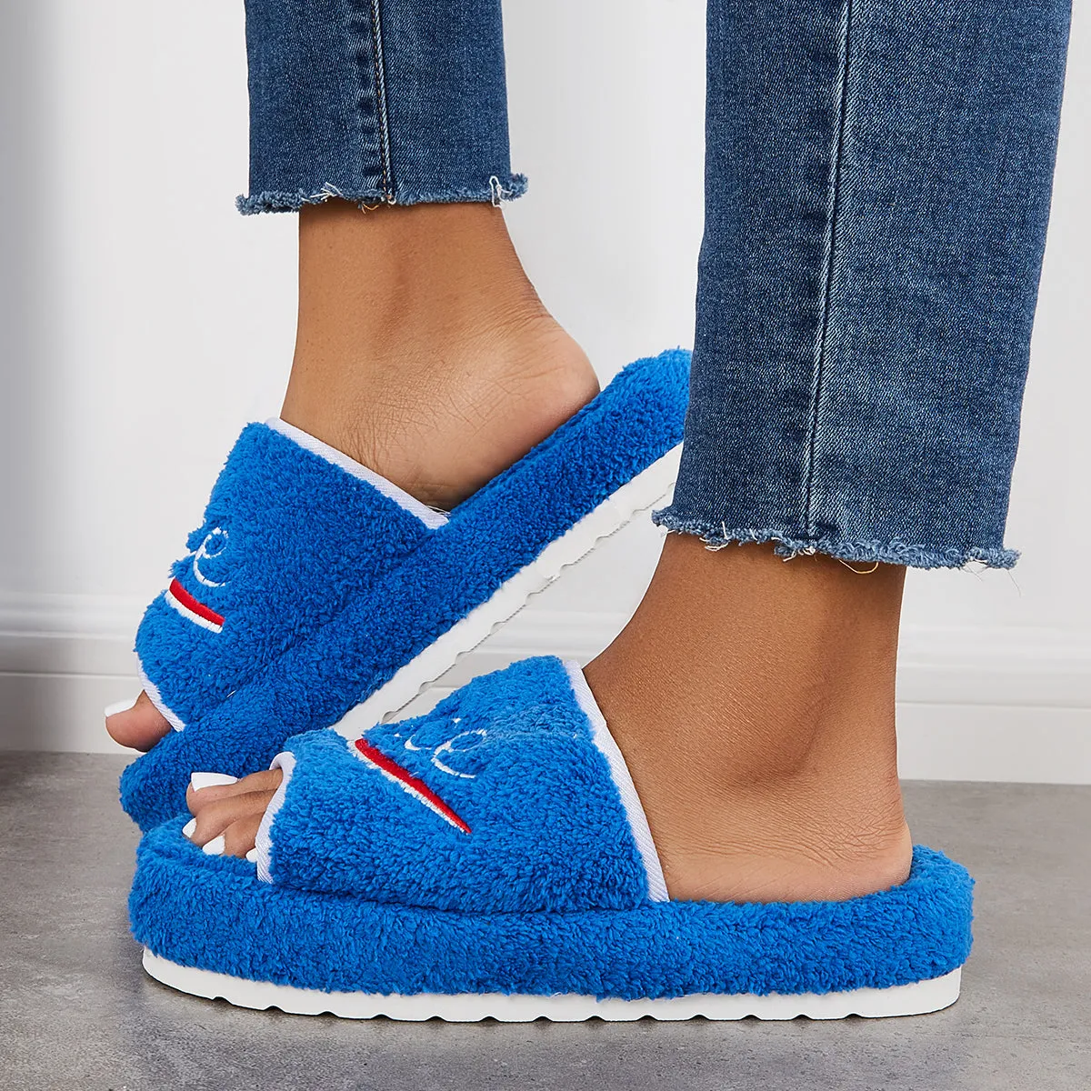 Sohiwoo Women Warm Open Toe Flat Furry Slippers Cozy Slide Shoes