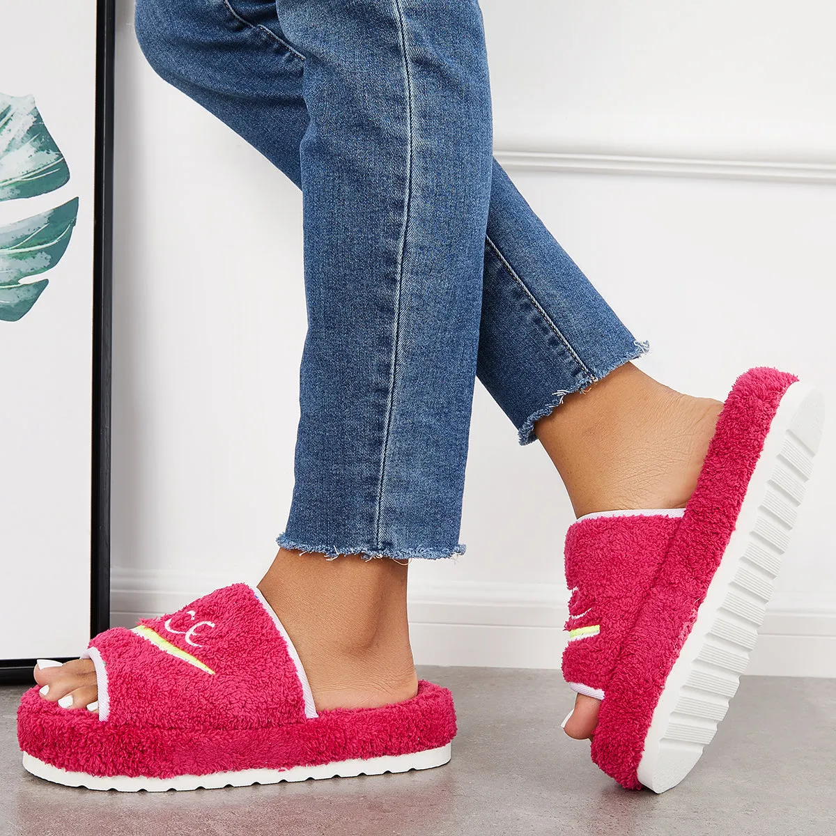 Sohiwoo Women Warm Open Toe Flat Furry Slippers Cozy Slide Shoes