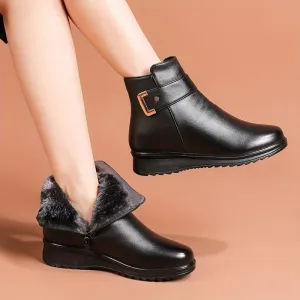 Women's Solid Color Boots, Buckle Decor Side Zipper Round Toe Velvet Warm Fluffy Non-slip Soft Boots, Winter Comfy Shoes