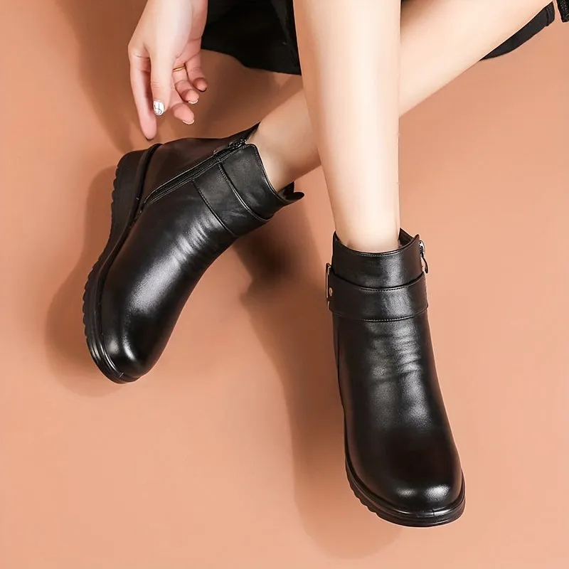Women's Solid Color Boots, Buckle Decor Side Zipper Round Toe Velvet Warm Fluffy Non-slip Soft Boots, Winter Comfy Shoes