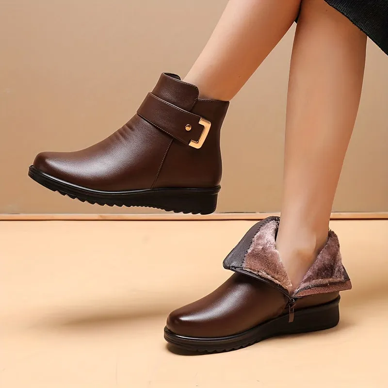 Women's Solid Color Boots, Buckle Decor Side Zipper Round Toe Velvet Warm Fluffy Non-slip Soft Boots, Winter Comfy Shoes