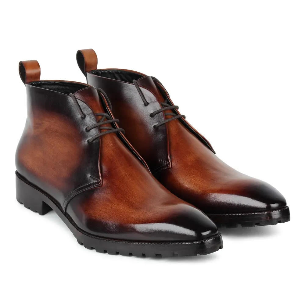 Wooden Brown Mirror Glossed Patina Sharp Chukka Boots