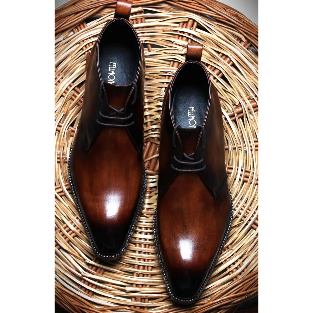 Wooden Brown Mirror Glossed Patina Sharp Chukka Boots