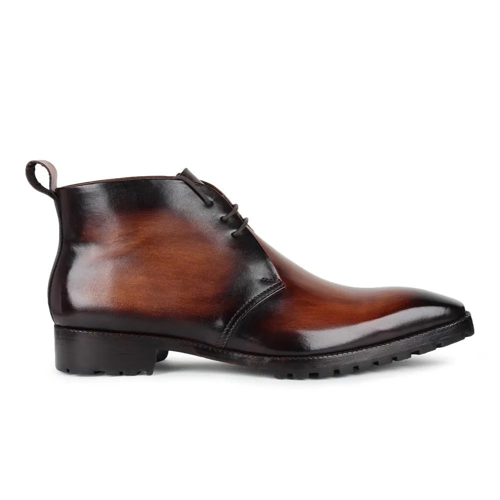 Wooden Brown Mirror Glossed Patina Sharp Chukka Boots