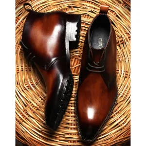 Wooden Brown Mirror Glossed Patina Sharp Chukka Boots