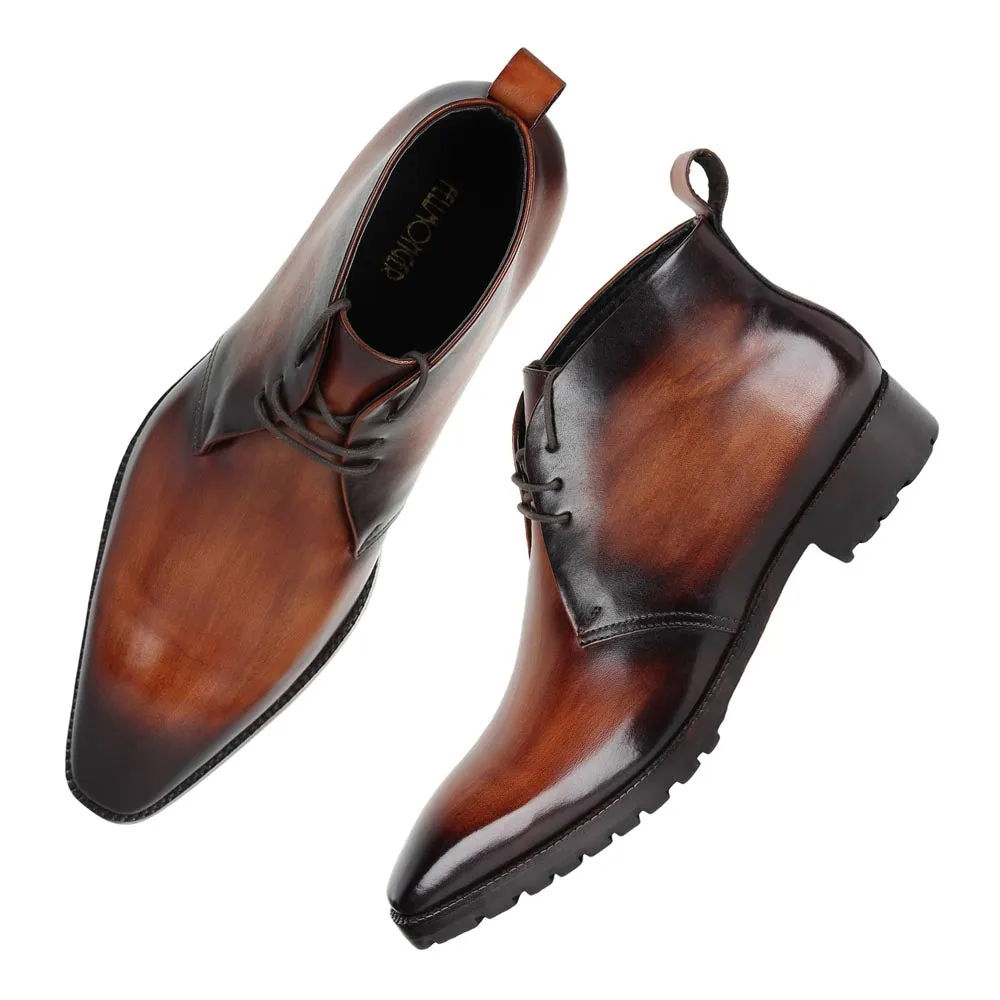 Wooden Brown Mirror Glossed Patina Sharp Chukka Boots